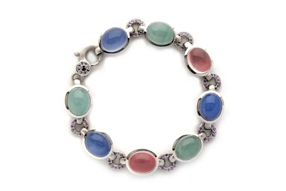 5048000 Armband 750 Weißgold, Aquamarin, Rosenquarz, Chalcedon und pink Saphir